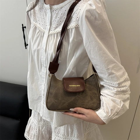 Bolso de Hombro Vintage de Cuero PU y Lona de Color en Contraste para Mujer Bolso Cuadrado de Moda para el Trabajo