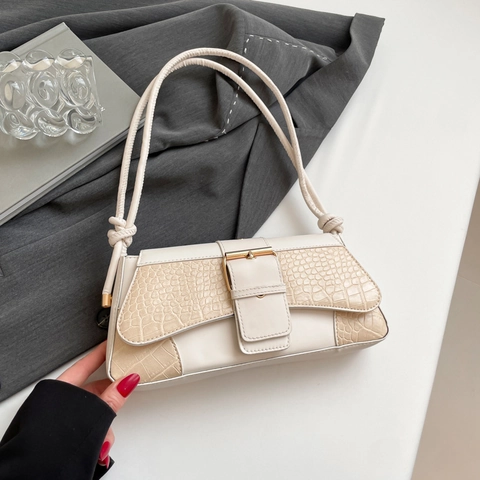 Borsa Sotto l'Ascella Vintage da Donna con Trama Coccodrillo in Pelle PU con Fibbia Dorata e Tracolla con Nodi Borsa a Tracolla