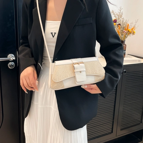 Borsa Sotto l'Ascella Vintage da Donna con Trama Coccodrillo in Pelle PU con Fibbia Dorata e Tracolla con Nodi Borsa a Tracolla