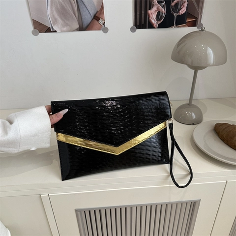 Women Fashion Envelope Clutch Bag Wave Texture Handbag With V-Metal Trim Elegant Evening Wedding Party Wristlet Hand Bag