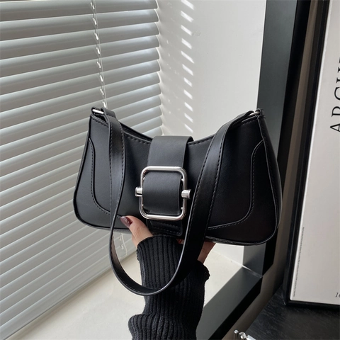 Women PU Leather Baguette Bag Large Square Buckle Minimalist Solid Color Shoulder Underarm Bag Daily Commuting Fashion
