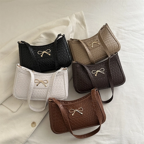 Borsa Sottospalla da Donna con Trama Intrecciata Decorazione a Fiocco in Pelle PU Piccola Borsa a Tracolla Quadrata Retrò Francese