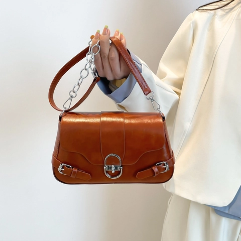 Französischer Stil Damen PU Leder Achseltasche Retro Baguette Umhängetasche Mit Metallkette Schultasche Modische Handtasche