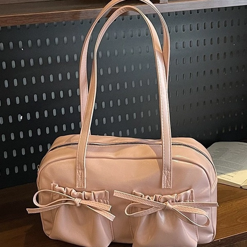 Women Shiny PU Leather Tote Bag Large Capacity Bow Detail Shoulder Bag Vintage Bowling Bag Underarm Handbag Retro Sweet Style