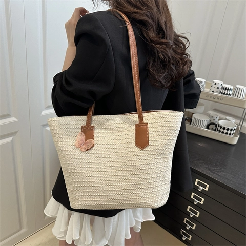 Borsa Tote da Donna in Paglia Intrecciata Grande Capacità Spalla per Vacanze Spiaggia Con Farfalla Manico in Pelle Artificiale