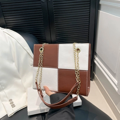 Dames PU Leer Kleurblok Vierkante Schoudertas Minimalistische Geblokte Ketting Crossbody Tas Dagelijks Woon-werkverkeer Tote Handtas