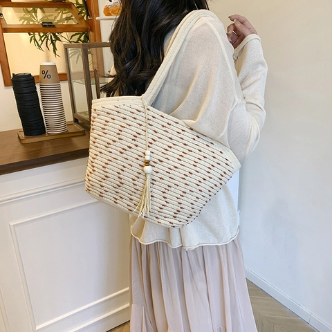 Minimalist Large Capacity Woven Tote Bag For Women Polka Dot Pattern Handbag With Tassel Wooden Beads Pendant Bohemian PU Shoulder Bag