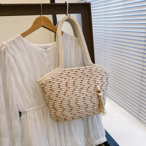 Damen Gewebte Tote Bag Große Kapazität Stroh Schultertasche Mit Quastenanhänger Für Sommer Strandurlaub Lässige Elegante Handtasche