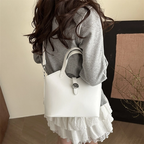 Bolso de Cubo de Cuero PU Vintage para Mujer Bolso de Mano Minimalista de Color Sólido Con Hebilla de Metal Redonda Correa Ajustable
