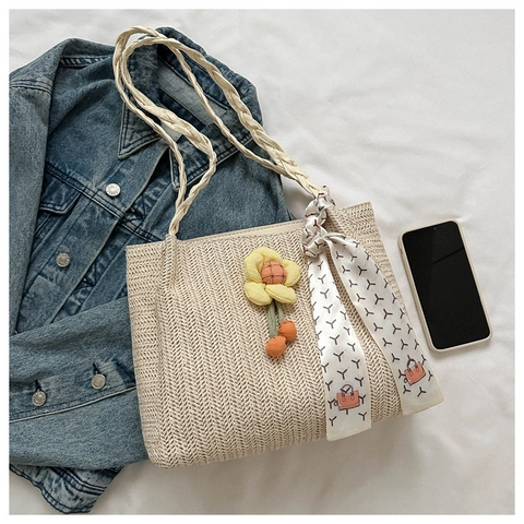 Borsa Tote Intrecciata Estiva da Donna Grande Capacità Borsa a Tracolla Con Sciarpa Ciondolo a Fiore Tracolla in Pelle PU per Spiaggia Vacanza