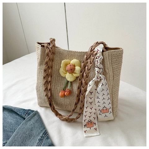 Borsa Tote Intrecciata Estiva da Donna Grande Capacità Borsa a Tracolla Con Sciarpa Ciondolo a Fiore Tracolla in Pelle PU per Spiaggia Vacanza