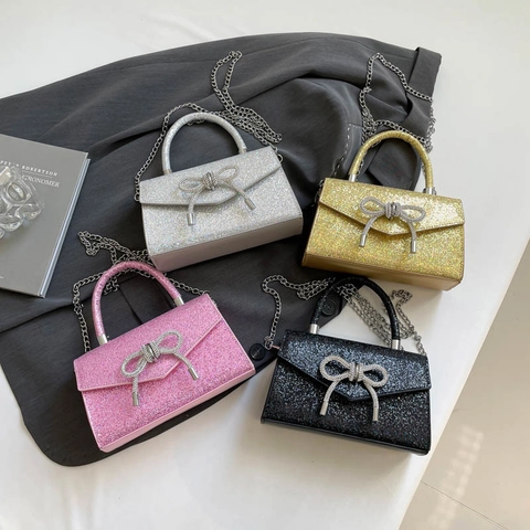 Bolso de Mano de Noche Lujoso con Lazo de Strass y Purpurina Bolso Cuadrado de Cuero PU con Cadena para Mujer Boda Fiesta