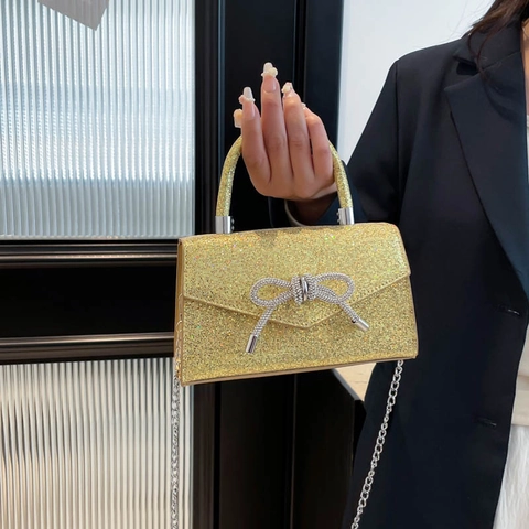 Bolso de Mano de Noche Lujoso con Lazo de Strass y Purpurina Bolso Cuadrado de Cuero PU con Cadena para Mujer Boda Fiesta