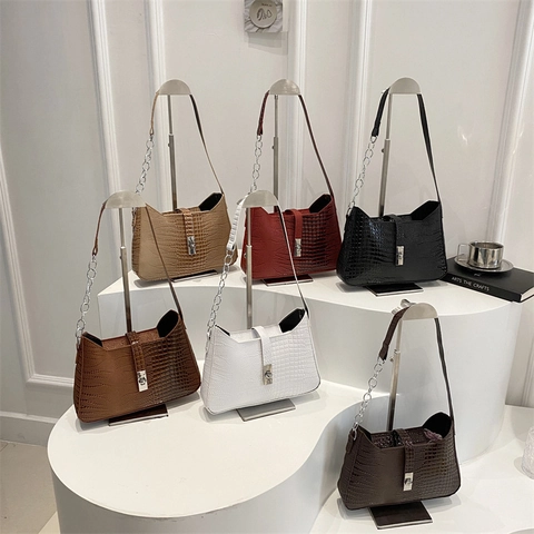 Women Vintage Crocodile Pattern Shoulder Bag Fashion PU Leather Underarm Bag With Chain Strap Square Handbag