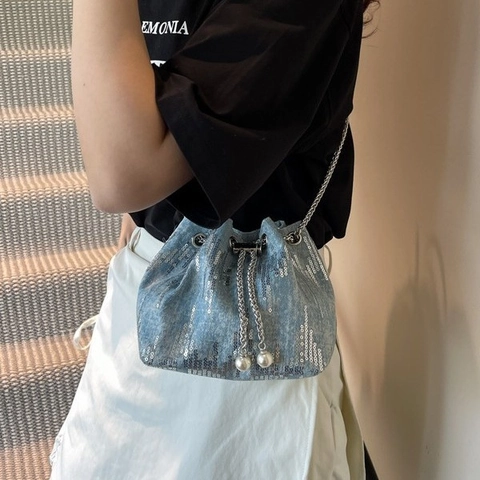 Fashion PU Denim Sequin Bucket Bag For Women Luxury Pearl Drawstring Handbag 2025 New Style Metal Chain Shoulder Crossbody Bag