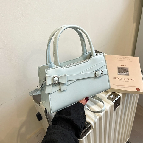 Women Bow PU Leather Shoulder Bag Trendy Small Square Handbag Minimalist Crossbody Bag With Metal Buckle Commuting Bag