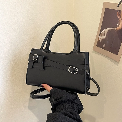 Women Bow PU Leather Shoulder Bag Trendy Small Square Handbag Minimalist Crossbody Bag With Metal Buckle Commuting Bag