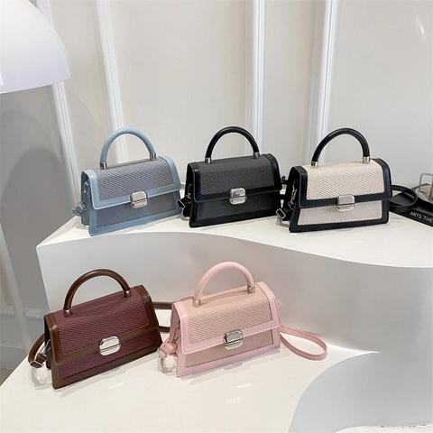 Women Contrast Color Woven Texture PU Small Square Bag Fashion Handheld Shoulder Crossbody Bag For Daily Commuting
