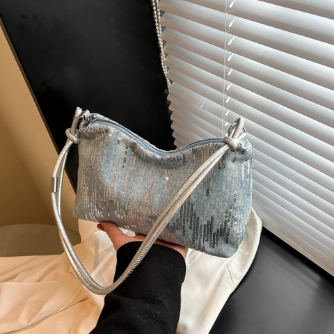Borsa a Spalla da Donna Y2K in Denim con Paillettes Grande Capacità Borsa Sottoscella Vintage Elegante Borsa a Mano per Uso Quotidiano