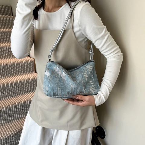 Borsa a Spalla da Donna Y2K in Denim con Paillettes Grande Capacità Borsa Sottoscella Vintage Elegante Borsa a Mano per Uso Quotidiano