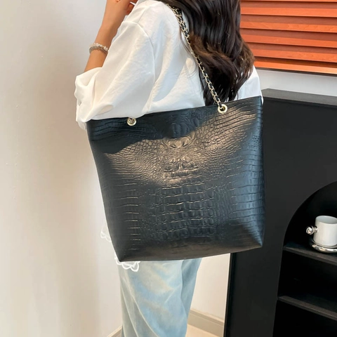Damen Große Kapazität Krokodilmuster Tote Bag PU Leder Kette Umhängetasche Modische Geprägte Crossbody Handtasche Alltag