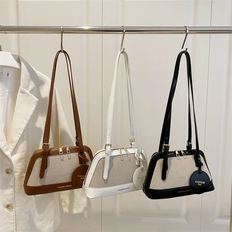Dames Retro Canvas PU Leer Stiksel Schoudertas Mode Tote Schelpvorm Tas Met Ronde Hanger Grote Capaciteit Okseltas