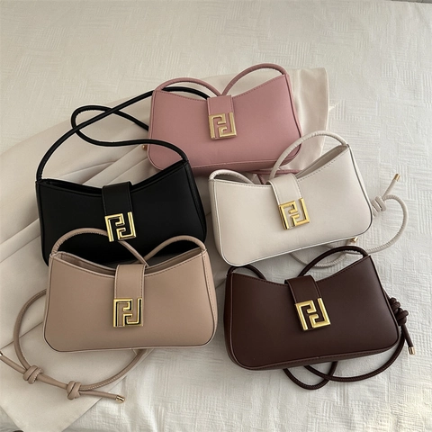 Borsa a Spalla Piccola Quadrata in Pelle PU alla Moda per Donna Borsa Sottobraccio con Fibbia Geometrica in Metallo