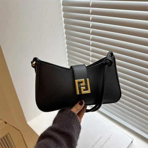 Borsa a Spalla Piccola Quadrata in Pelle PU alla Moda per Donna Borsa Sottobraccio con Fibbia Geometrica in Metallo