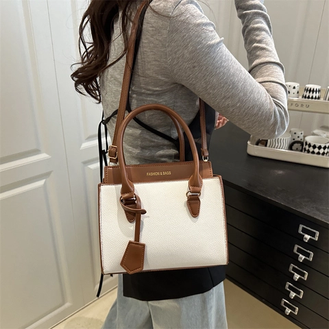 Women Fashion Contrast Color PU Leather Shoulder Bag Lychee Pattern Patchwork Crossbody Bag Casual Handbag Daily Travel