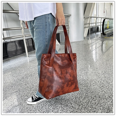 Vintage Große Kapazität PU Leder Tote Bag Für Damen Retro Ölwachs Textur Schultertasche Mode Pendler Handtasche