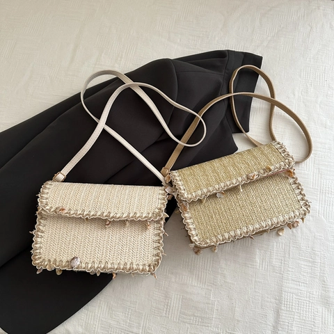 Bohemian Straw Woven Shoulder Bag With Shell Tassel Pendant Summer Beach Vacation Crossbody Square Bag For Women