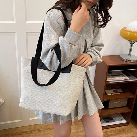 Grote Capaciteit Canvas Tote Tas Voor Vrouwen Minimalistische Contrast Patchwork Schoudertas Casual Commuter School Handtas Met Rits