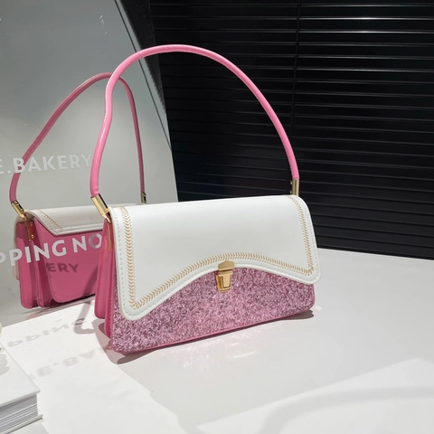 Women Fashion Contrast Color Shoulder Bag PU Leather Sequin Splicing Underarm Bag Metal Lock Small Square Handbag Commuting Party
