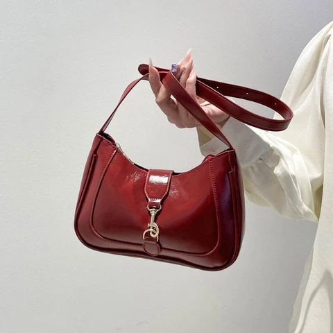 Borsa Sottobraccio Lusso Francese per Donna Moda Verniciata in Pelle PU Borsa Hobo Con Catena in Metallo Pendolare Borsa a Spalla