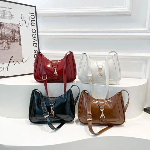 Borsa Sottobraccio Lusso Francese per Donna Moda Verniciata in Pelle PU Borsa Hobo Con Catena in Metallo Pendolare Borsa a Spalla