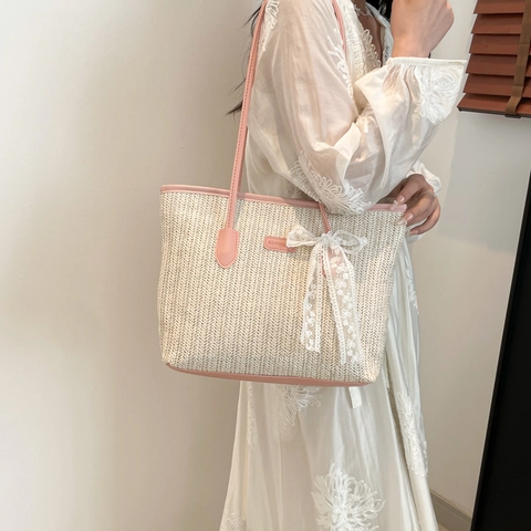 Borsa Tote da Donna Intrecciata in Paglia Con Fiocco in Pizzo Manico in Pelle Sintetica a Contrasto Borsa a Spalla Pastorale Francese