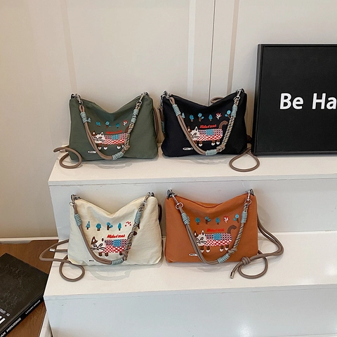 Large Capacity Cat Embroidered Shoulder Bag For Women Fashionable PU Leather Handbag Cartoon Pattern Casual Crossbody Shopping Bag