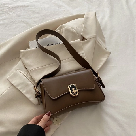 Bolso de Hombro de Cuero PU para Mujer de Diseño de Nicho Retro Color Sólido Bolso Bandolera Con Cierre Dorado y Correa Ajustable Bolso de Moda