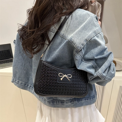 Women Fashion Textured Bowknot Underarm Bag PU Leather Woven Shoulder Bag Crocodile Pattern Small Square Handbag Commuting Bag