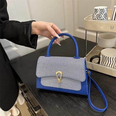 Damen Stilvolle PU Leder Gewebte Nähte Schultertasche Hufeisen Metallschloss Lässige Umhängetasche Handtasche Kleine Quadratische Tasche