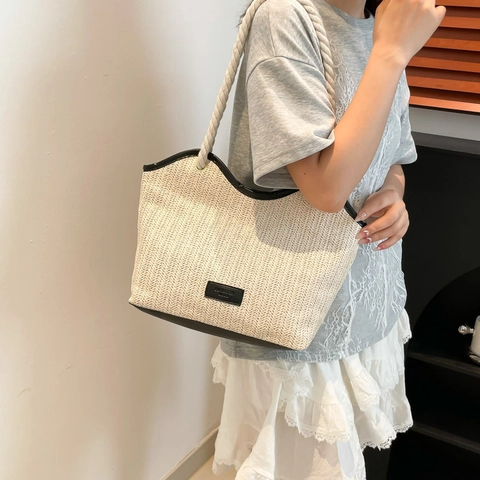 Bolso Tote de Paja Tejida de Gran Capacidad para Mujer Bolso de Hombro de Playa de Verano Bolso de Mano Casual de Vacaciones