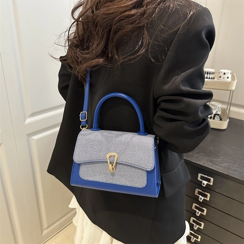 Women's Spliced PU Leather And Woven Fabric Handbag Elegant Metal Lock Crossbody Shoulder Bag Trendy Fashion Commuting Bag