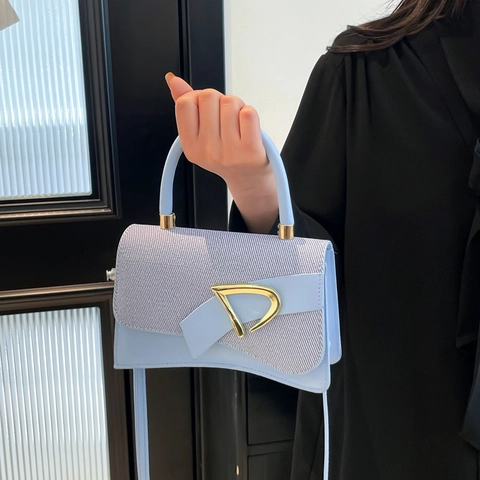 Women Minimalist PU Leather Splicing Shoulder Bag Stylish Gold D Buckle Crossbody Handbag Commuter Small Square Bag