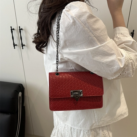 Mode Damen PU Leder Gewebte Textur Kleine Quadratische Tasche Elegante Kette Schulter Umhängetasche Mit Steinmuster Und Metallschloss