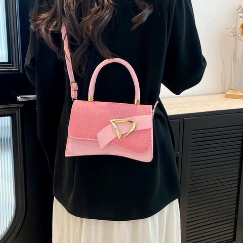 Women Minimalist PU Leather Splicing Shoulder Bag Stylish Gold D Buckle Crossbody Handbag Commuter Small Square Bag