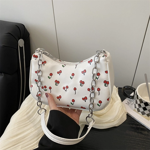 Sac à Épaule Sous le Bras en Nylon Imprimé Cerise pour Femme Style Coréen avec Chaîne en Métal Argenté Fermeture Éclair Mode Décontractée