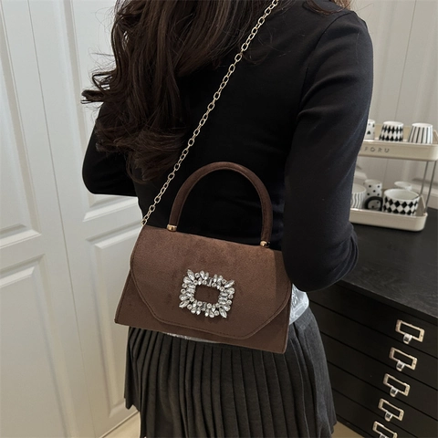 Borsa a Spalla da Donna Trendy in PU Texture Scamosciata Fibbia Quadrata in Strass Catena Crossbody Elegante Borsa a Mano Party