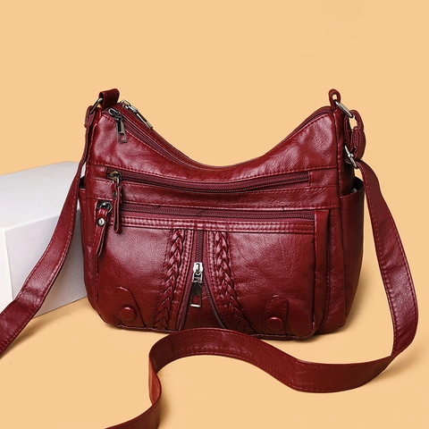 Vintage Women Soft PU Leather Shoulder Bag Large Capacity Crossbody Bag With Multiple Zippers And Woven Texture Retro Commuter Daily Top Handle Bag