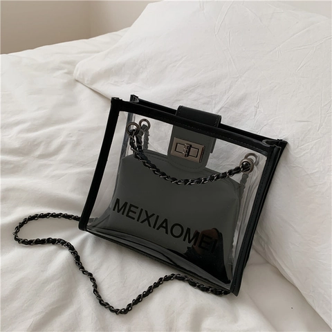 Damen Mode Transparente PVC Schultertasche Minimalistisch 2-In-1 Umhängetasche Mit Innentasche Metall Kettenriemen Quadratische Tasche