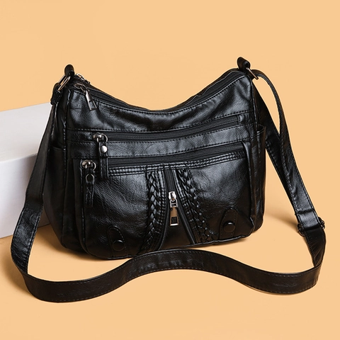 Vintage Women Soft PU Leather Shoulder Bag Large Capacity Crossbody Bag With Multiple Zippers And Woven Texture Retro Commuter Daily Top Handle Bag